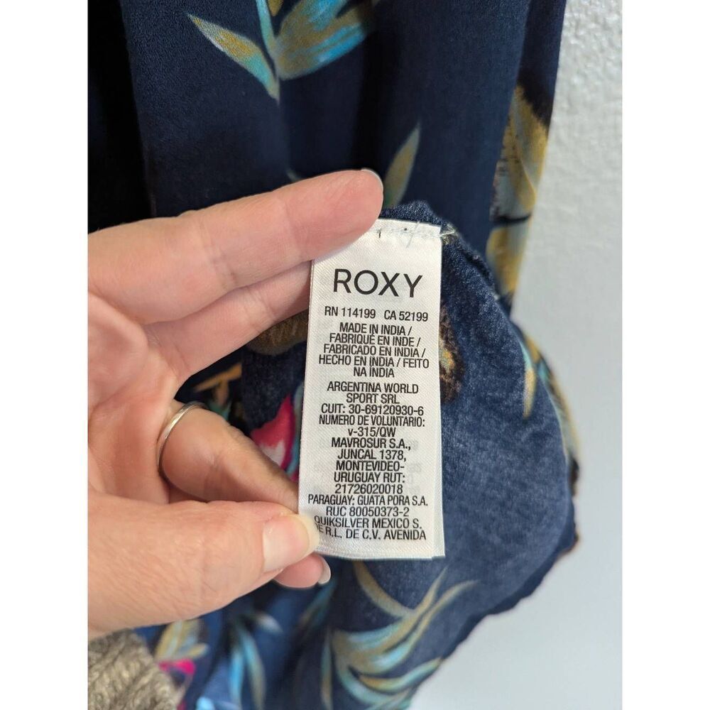 Roxy Navy Bird of Paradise Tropical floral cold shoulder ruffle mini dress M - Picture 5 of 6